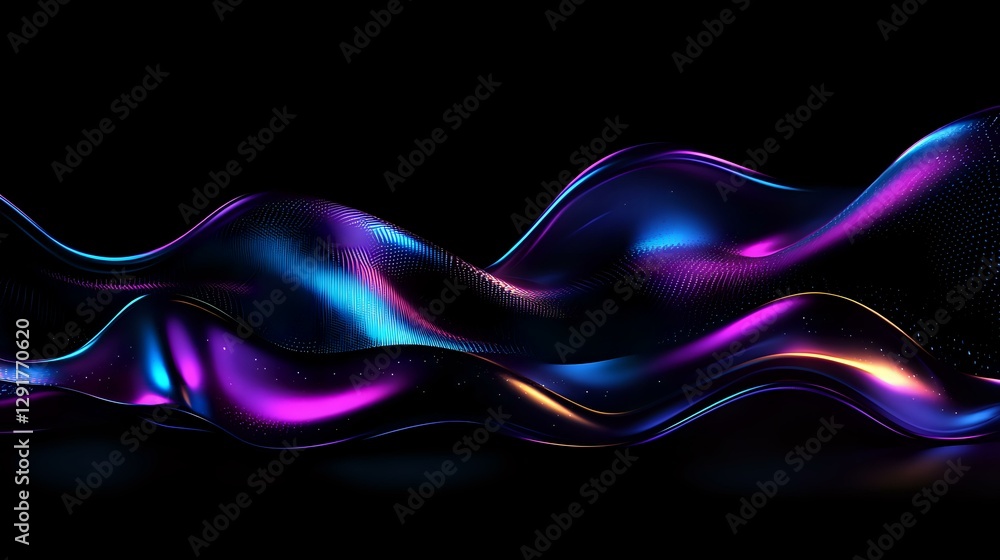 Poster luminous flowing waves in neon blue and purple colors on black background create dynamic abstract pa