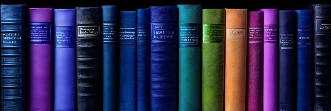 Row of colorful vintage hardcover books spines on dark background showing rainbow spectrum arrangement, suitable for education and literature concepts.