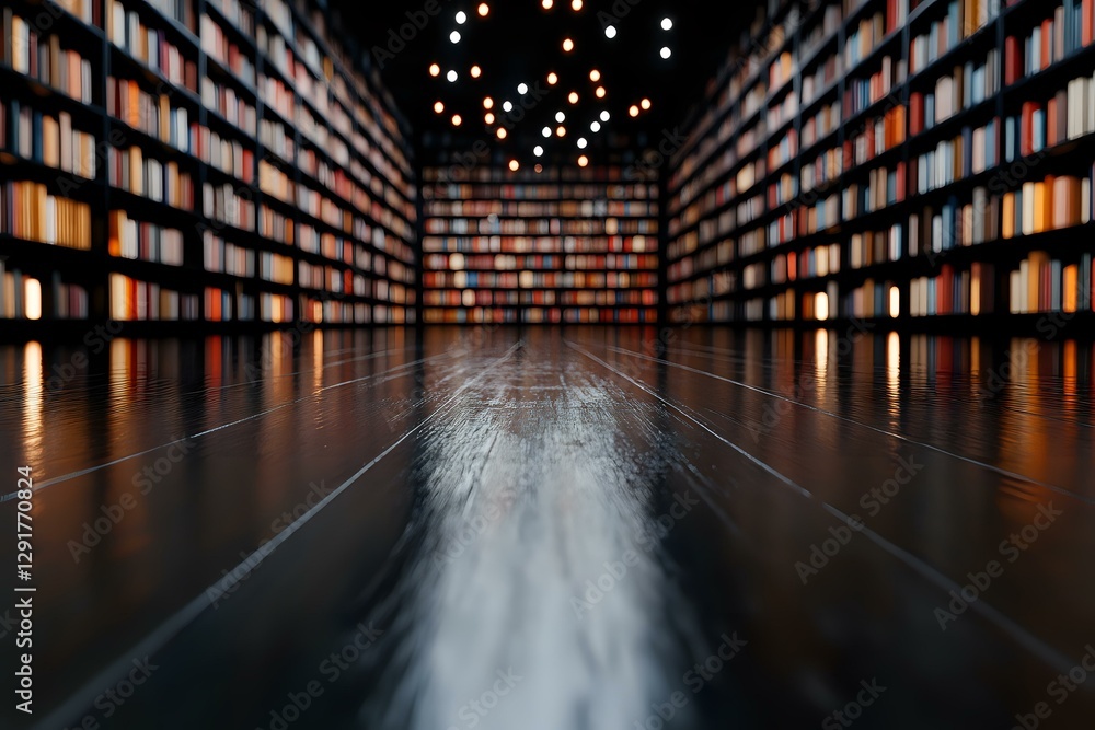Poster dramatic perspective view of library bookshelves with glowing lights creating magical atmosphere. re