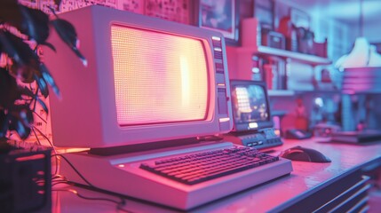 Obraz premium Retro computer setup with CRT monitor and keyboard in vibrant neon lighting.