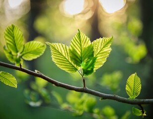 Naklejka premium A detailed shot of fresh green spring leaves slowly unfolding on a young tree branch. The light filters through the leaves, casting a soft glow and highlighting the fine veins, capturing the beauty
