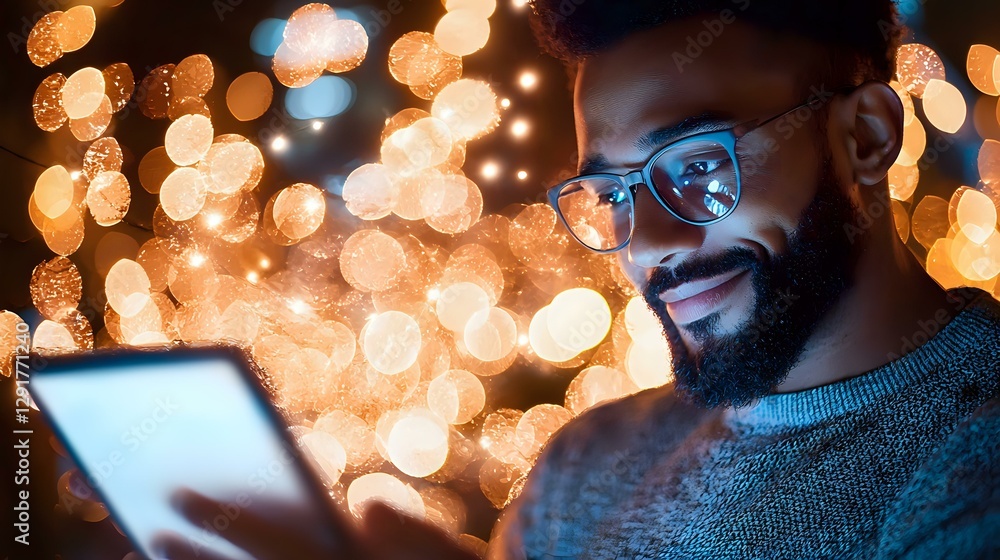 Aufkleber young african american man in glasses smiling while using digital tablet at night, illuminated by wa