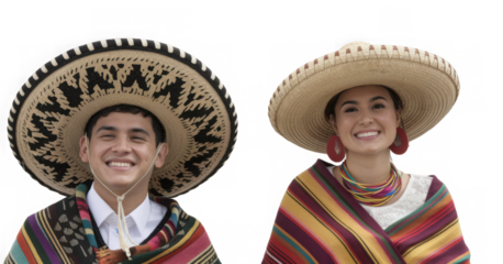 Set of Cinco de Mayo celebration with Mexican man and woman wearing Mexican hat and traditional clothes, Isolated on Transparent Background, PNG
