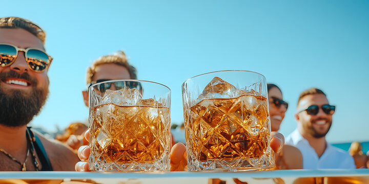 Cheers to summer vibes! Friends enjoying drinks in the sun. Relaxing, fun times. Whiskey glasses with ice. Sunny day celebration, good company.