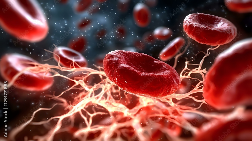 Poster red blood cells flowing through plasma with glowing energy streams in dark background, microscopic v