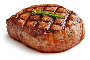 A photorealistic side view of a juicy steak against a white background, high-resolution photography