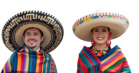 Set of Cinco de Mayo celebration with Mexican man and woman wearing Mexican hat and traditional clothes, Isolated on Transparent Background, PNG
