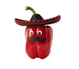 Happy red chilli peppers with black moustaches and sombrero isolated on transparent background. Playful decorations in for Cinco de Mayo celebration. May 5, federal holiday in Mexico