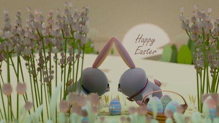 Easter Bunny Figurines Among Illustration of Field with Eggs on a Background with 