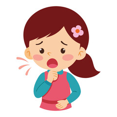a flat illustration of a kid coughing, a flower in her hair