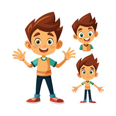 a flat illustration of a boy with open arms, brown hair, a happy face, a different impression face