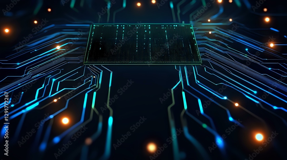 Aufkleber glowing blue circuit board paths lead to central processor chip against dark background with orange 