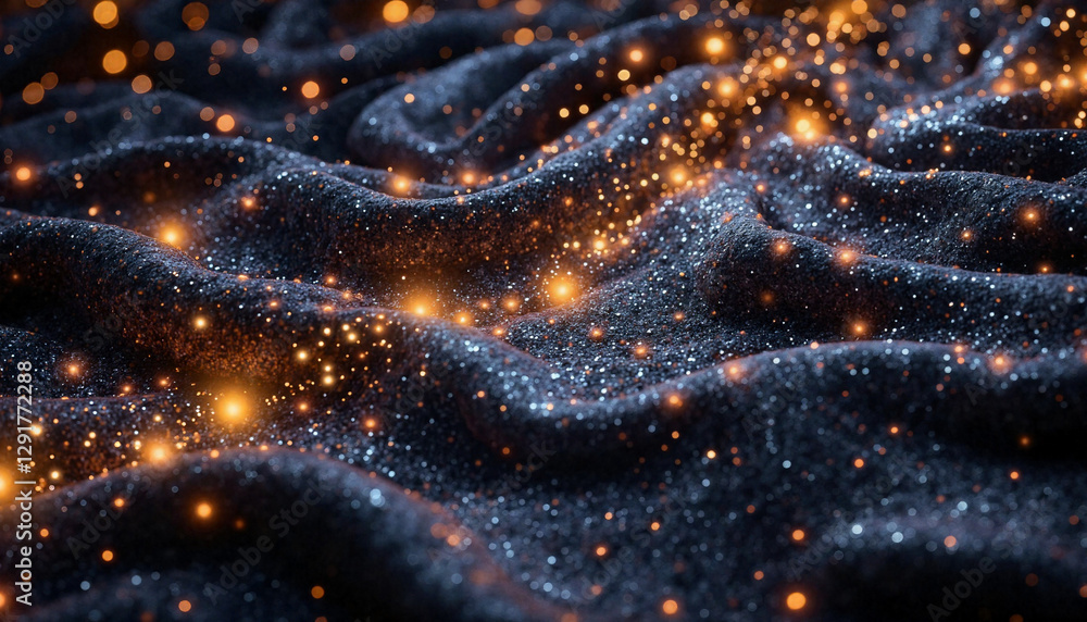 Poster abstract particle scattering on dark surface, harmonious illumination
