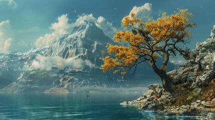 Mountain, Sea, Tree, Sky 