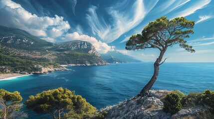 Mountain, Sea, Tree, Sky 