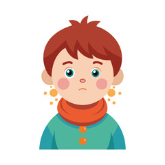 a flat illustration of a boy has the flu, a Farozi color sweater, an orange scarf