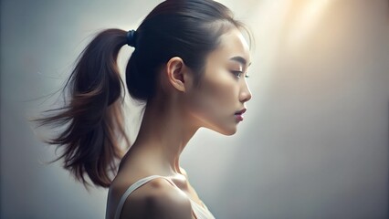 Fototapeta premium Serene Portrait of a Young Asian Woman in Soft Lighting – Elegant Profile View Photography