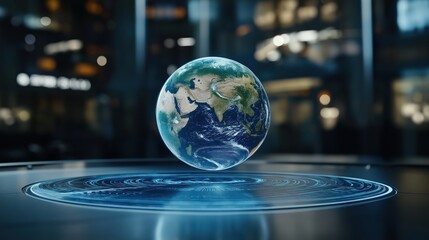Photorealistic 3D hologram of Earth floating in futuristic digital interface