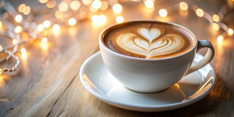 Obraz premium Aromatic Latte with Intricate Heart Design, Illuminated by Soft Festive Lights on a Rustic Wooden Table