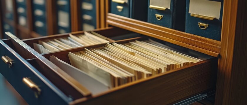 An open card catalog drawer filled with neatly arranged index cards in a vintage library setting, symbolizing the wealth of knowledge within.