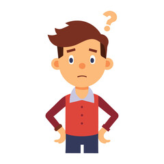 a flat illustration of a man confused with a question mark, brown hair, hands on his vest