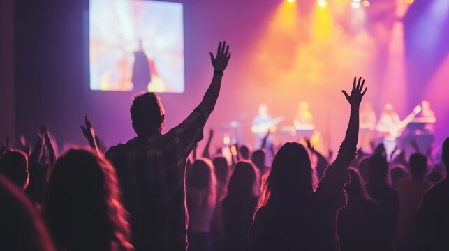 A lively crowd of enthusiastic fans passionately worships and enjoys the electrifying atmosphere during a vibrant music performance at a bustling indoor venue in the evening