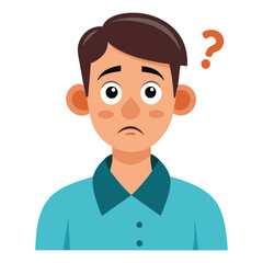 a flat illustration of a man confused with a question mark wearing a ferozi shirt