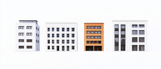 Four minimalist apartment buildings on white background