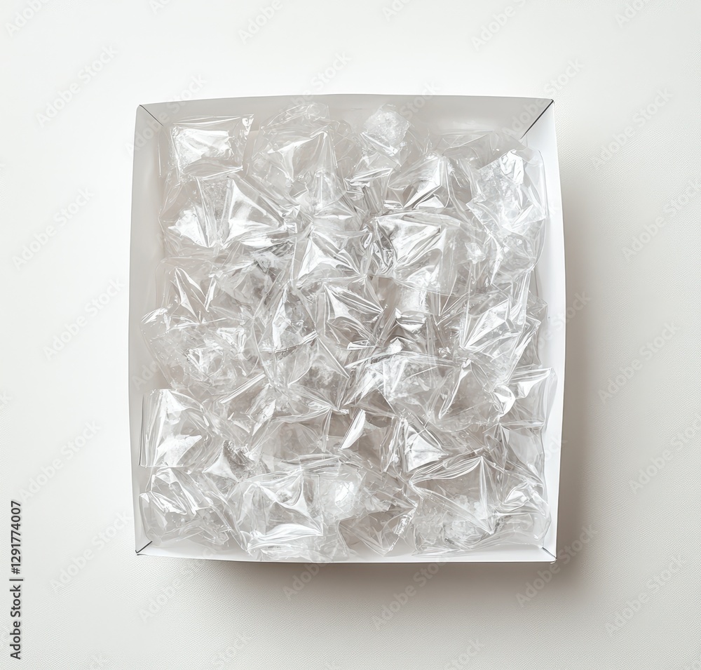 Poster clear plastic packaging triangles arranged neatly in a square white container on a simple light back