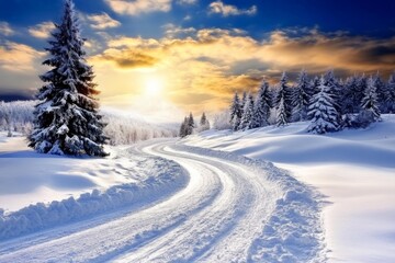 A snowy landscape with snow-covered trees and a road leading to the horizon, illuminated by golden sunlight. The sky is filled with swirling clouds, creating an enchanting atmosphere of magic