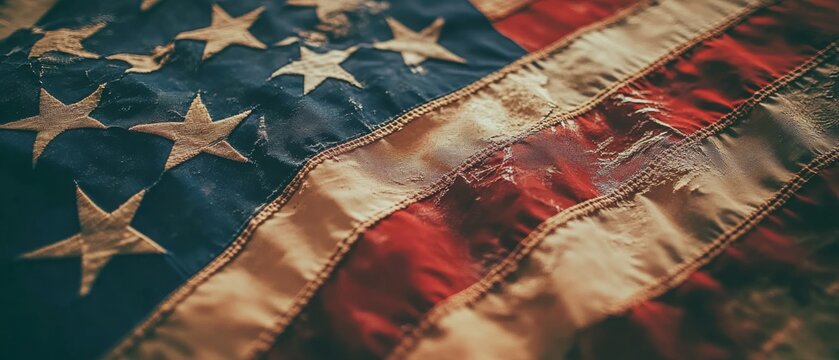 A weathered American flag captures history and pride, its worn fabric speaking to resilience and timeless patriotism.