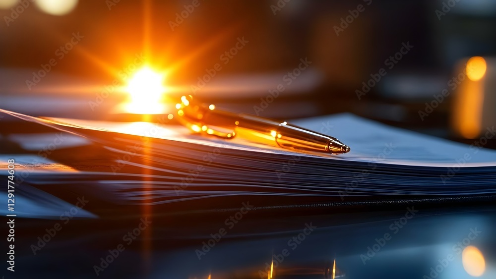 Poster a stack of papers on a table with a pen, illuminated by a warm, glowing light source in the backgrou