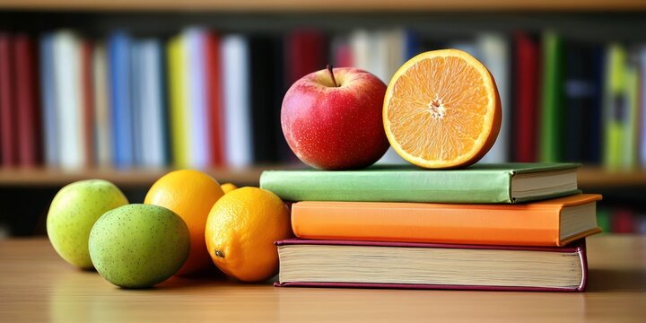 A table filled with fresh fruits, vegetables, and nutrition-related books