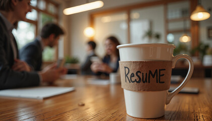 Coffee cup with "Resume" text at networking event for job seekers
