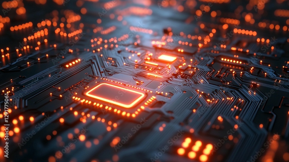 Poster close-up of a circuit board with glowing components.