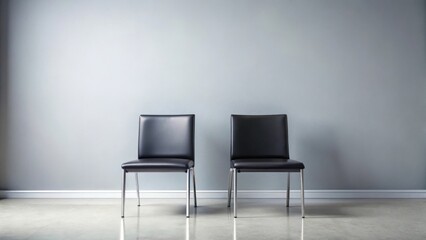 Two Modern Black Leather Chairs Against a Light Grey Wall in a Simple Room