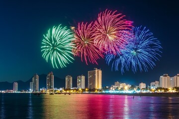 A vibrant display of colorful fireworks lighting up the night sky over an urban skyline, creating a stunning and festive atmosphere for a New Year's Eve celebration. The fireworks form intricate
