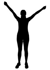 Silhouette of athletic woman standing with arms raised, exercise. Vector illustration