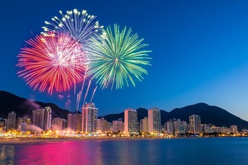 A vibrant display of colorful fireworks lighting up the night sky over an urban skyline, creating a stunning and festive atmosphere for a New Year's Eve celebration. The fireworks form intricate