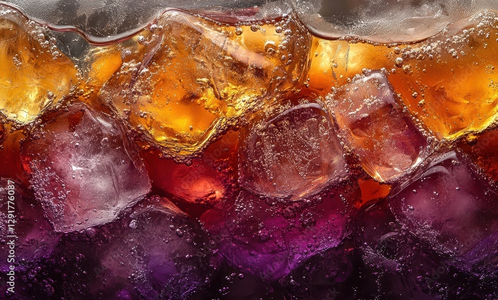 Poster close-up view of colorful soda with ice cubes and bubbles in a glass with reflections and texture fr