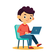 a flat illustration of a boy sitting and using a laptop, face front, a red shirt,