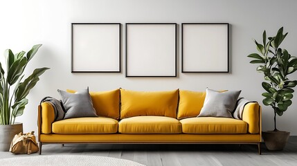 Fototapeta premium Beautiful Modern Living room Interior with furniture's ,mockup frame , posters, wall -3d Rendering