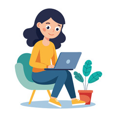 a flat illustration of a girl sitting and using a laptop, a yellow shirt, and yellow shoes