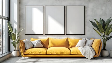 Beautiful Modern Living room Interior with furniture's ,mockup frame , posters, wall -3d Rendering