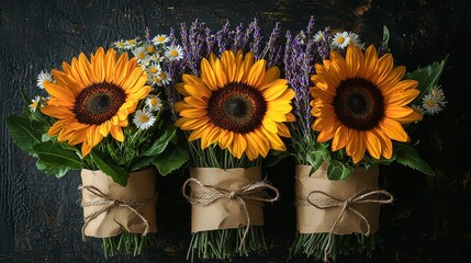 Sunflower bouquets floral arrangement indoor rustic setting close-up nature's beauty in bloom