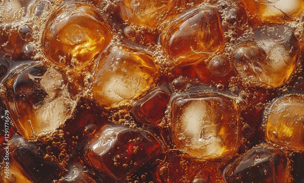 Poster close-up view of fizzy brown beverage with ice cubes and bubbles captured in high resolution for ref