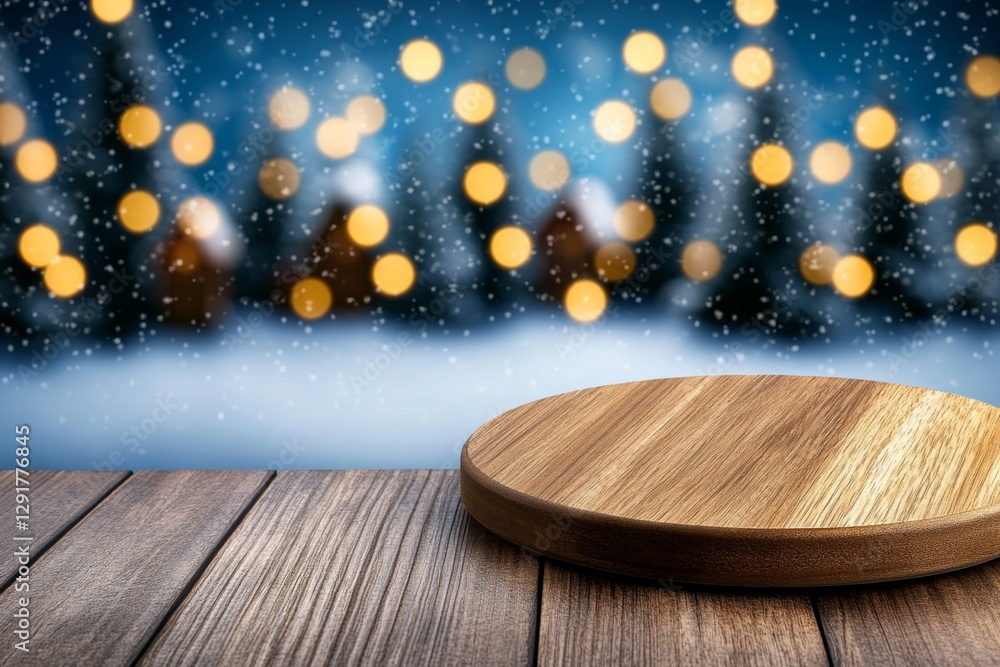 Aufkleber a wooden table with small christmas houses and trees in the background, a snowy forest of pine trees