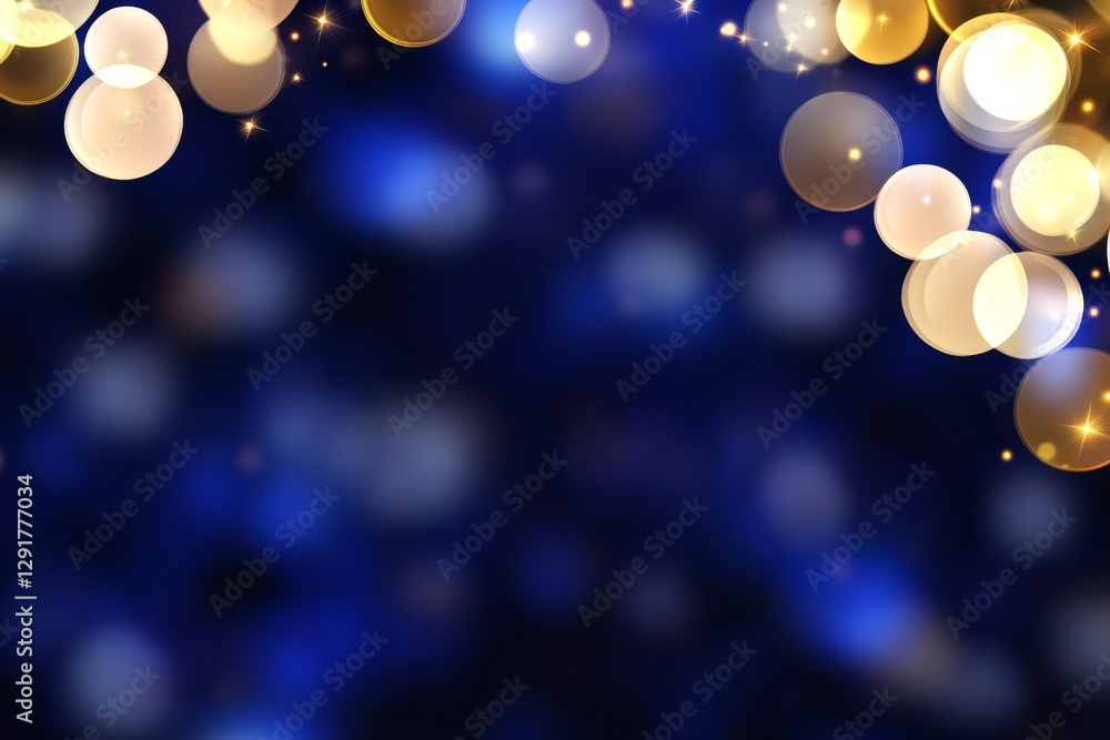 Poster Abstract background with glowing bokeh lights and sparkles in shades of dark blue, gold, and orange. Abstract glowing particles background with glittering golden dots. Beautiful abstract light