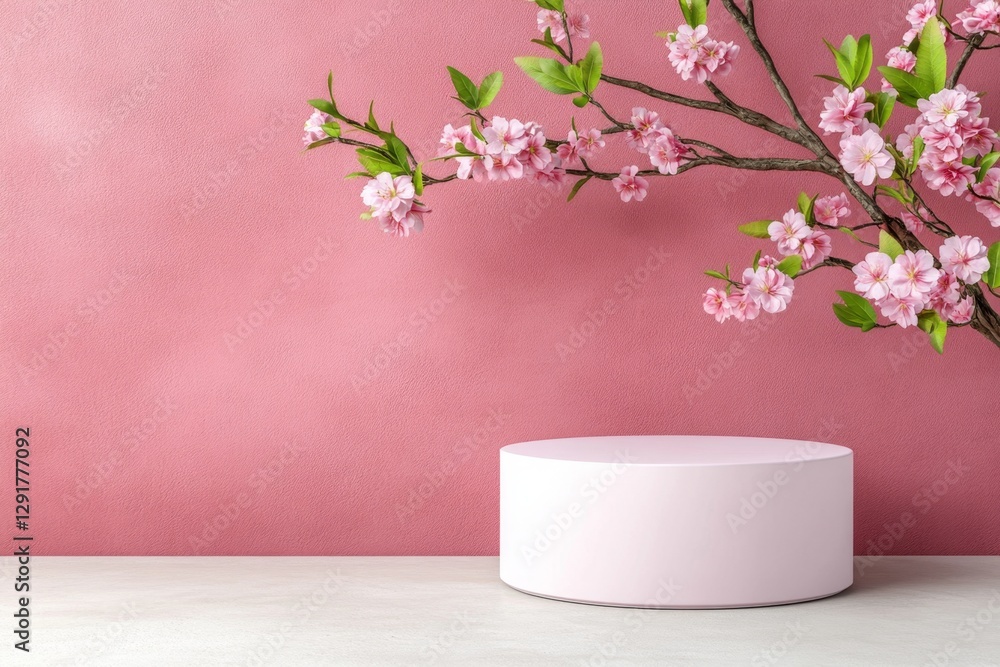 Poster Abstract minimal pink background with a podium for product presentation, 3D render mockup stage design. Front view. In the foreground, there is an empty display stand on which two cherry blossom