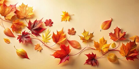 Autumnal foliage arranged in a graceful, flowing pattern on a warm, neutral background, showcasing the vibrant colors and textures of fall leaves.